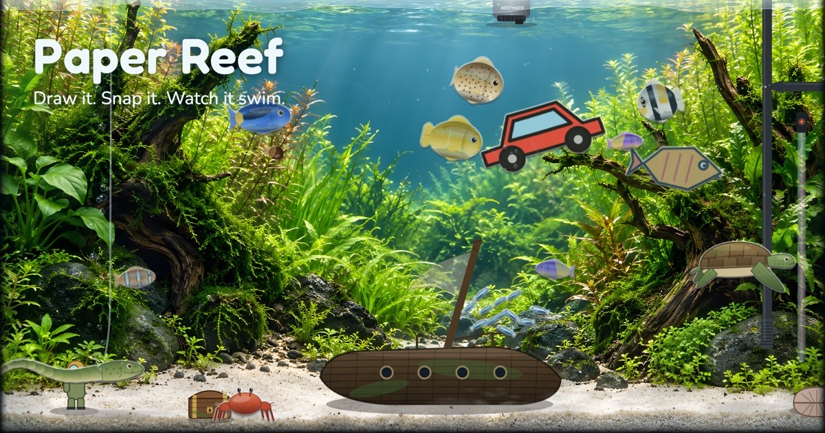 A planted aquarium on a screen with children's paper drawings swimming among the fish